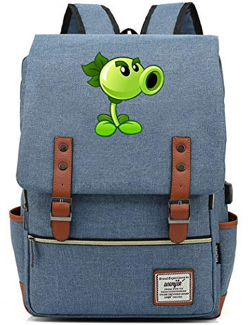 WANHONGYUE Plants vs. Zombies Game Anime College Student Schoolbag 15.6-inch Laptop Backpack Vintage Rucksack with USB Charging Port Sky Blue / 1