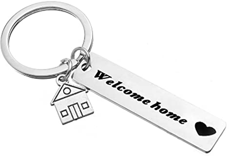ARFUKA Porte-clés avec gravure « Welcome Home » - En acier inoxydable - Cadeau d'anniversaire - Pour homme et femme - Argent