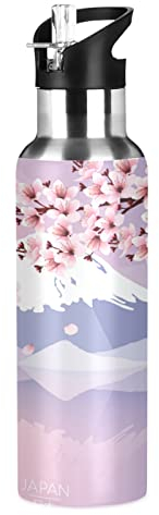 Mnsruu Fleur De Cerisier Fuji Japon Isotherme Bouteille d'eau avec Paille, Gourde Sport en Acier Inoxydable 600ML Gourdes sans BPA pour Enfant Garçon Fille École Bureau