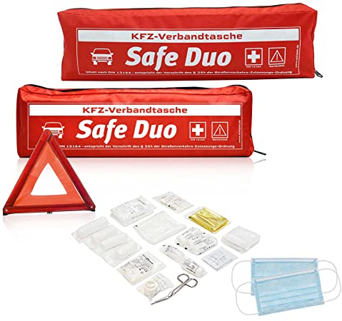 2 Stück Kfz-Verbandstasche Safe Duo rot | Verbandstoffe neueste Norm 13164:2022-02 | Euro Warndreieck | Verbandskasten für Auto