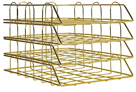 Bandeja de oficina apilable para documentos, 4 compartimentos, de hierro, color dorado