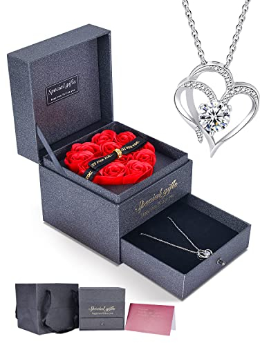 IMMORROSA Ewige Rose mit Diamant Herz Halskette, Konservierte Rose Box mit Halskette, für Immer Rose Geschenk für Frau, Mama, Valentinstag, Geburtstag, Weihnachten, Jubiläumsgeschenk für Sie