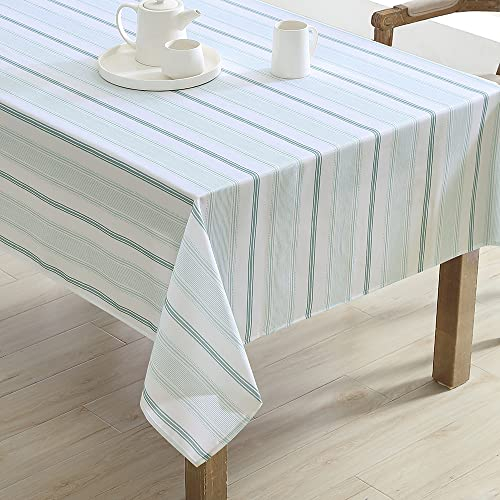 Laura Ashley Decorative Tablecloth, Easy Care Stain and Wrinkle Resistant Washable Polyester Fabric for Dining, Kitchen, Holiday, Party, Wedding and More, 60 x 102, Teal Stripe