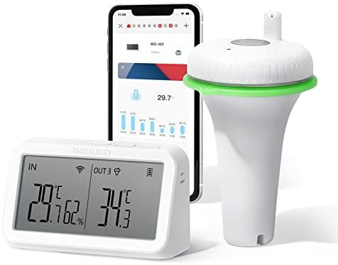 INKBIRD IBS-P02R Floating Pool Thermometer with IBS-M2 WiFi Gateway, Wireless Swimming Pool Thermometer Set, App Control, 9 Channel Monitor with Large Screen for Whirlpool, Aquarium, Spa, Pond