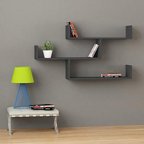 Hocuspicus Hocus Picus | Wandregal mit 3 Ebenen | Modernes Holz-Bücherregal für Wohnzimmer, Schlafzimmer, Büro | 120x23x66 cm Anthrazit Grau