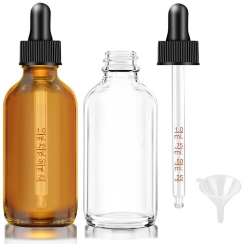Bumobum 2 oz Clear and Amber Glass Dropper Bottles, 2 Pack with Funnel, Labels & Measured Dropper - Leakproof, Reusable for Essential Oils, Perfumes & Colognes, Tinctures, Travel