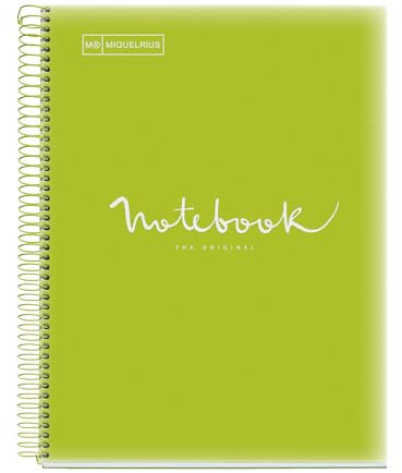Miquelrius - Taccuino A4 Notebook Emotions, 80 fogli 90 g/m², a righe Séyès, 1 striscia di colore, spirale microforata, copertina in polipropilene, 4 fori, colore verde lime