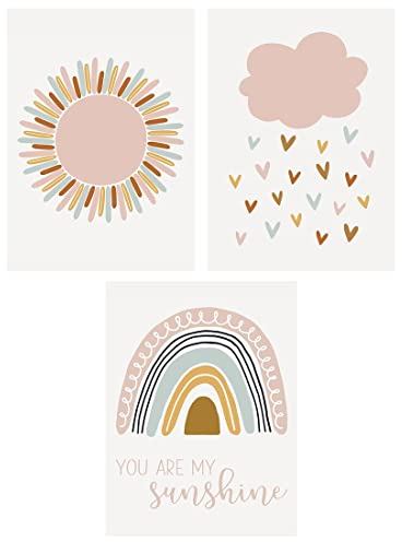 Bilder Kinderzimmer, 3er Set Bilder Kinderzimmer Mädchen, Set Poster Kinderzimmer Deko, Set A4 Poster, Regenbogen Wolken Bilder Ohne Rahmen Wandbilder für Jungen Wohnzimmer Schlafzimmer Wanddeko