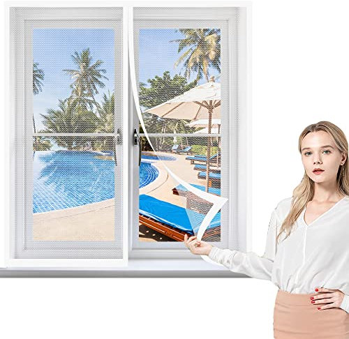 Moustiquaire Fenêtre Magnétique 180 x 145 cm, Rideau Automatique Anti Moustique, Kit d'installation Pour Fenêtre Portes Patio, Blanc