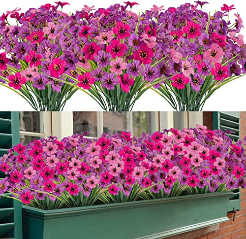 Garlag 12 Bundles Outdoor Artificial Flowers Plants, Indoor Decorative Fake Flowers for Home Garden Wall Wedding Party, Fake Flowers for Outside Planter Window Box (Pink Purple Fuchsia)