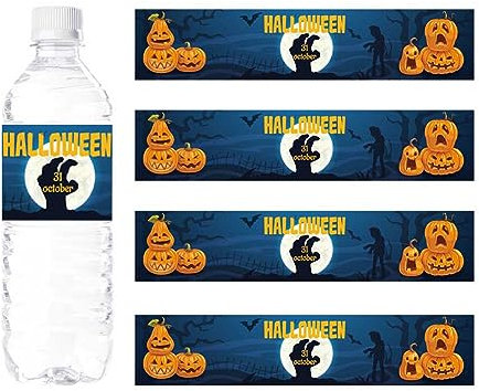 Water Bottle Labels for Halloween Party Decorations, 24pcs Pumpkin Water Proof Water Bottle Sticker Wrappers Trick or Treat Stickers Party Supplies for Halloween Party Ornaments (Blue)