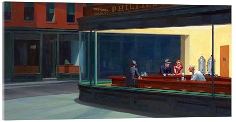 Posterlounge Edward Hopper Nighthawks Acrylglasbild 100 x 50 cm | Amerikanischer Realismus & urbane Nachtstimmung | Helles Großstadt-Diner mit Bar und einsamen Gästen