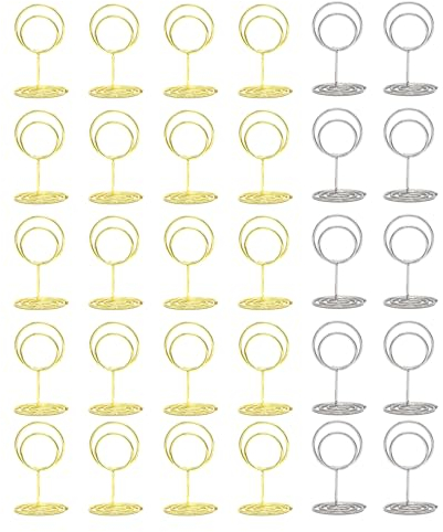 MEMOFYND Lot de 30 supports de numéro de table, porte-nom de bureau, porte-cartes de table à manger, porte-menus de table, carte de menu, lot d'étagères de table (doré, argent)