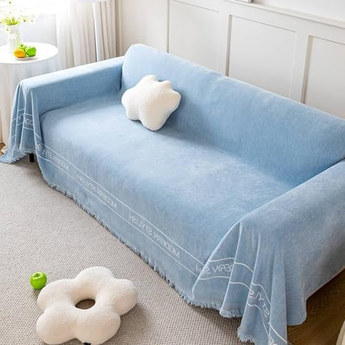 Mesnt Sofa Überzug 2 Sitzer, Hellblau Waschbar Sofa Protection Cover Schonbezug Couch Englische Buchstaben einfarbig mit Fransen Bedruckt aus Chenille, 180x260cm