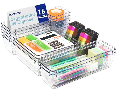 HOOMOOZ Organizadores de Cajones Set de 16, Separadores de Cajones de Escritorio Plástico, Bandejas de Almacenaje para Maquillaje, Joyas, Tools, Cocina, Dormitorio, Baño, Oficina