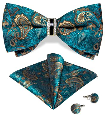 DiBanGu Seide Fliege für Männer Turkis Paisley vorgebundene Fliege und Strass Ring Einstecktuch Manschettenknöpfe Set Hochzeit Party