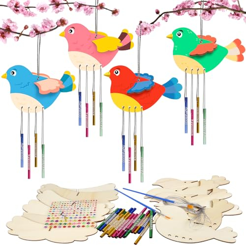 HONMOK Vogel Windspiel Bastelset 6 Stück Kinder Basteln 3D Vogel Klangspiele zum Bemalen Bastelhandwerk für Mädchen Jungen Kinder Geburtstag Mitgebsel Geschenke