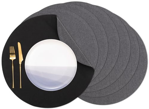 Banchif Tischsets, Durchmesser 38cm Leinenimitat Platzsets Abwaschbar rutschfeste Tischsets Platzsets Doppelseitigen Platzdecken (Grau-Schwarz, Rund Satz von 8)