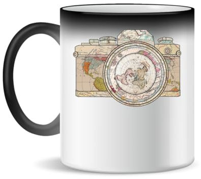 World Map In Camera Taza de Cerámica Para Té y Café, 300ml, Mágica, Blanca, Rosa, Negra 330ml