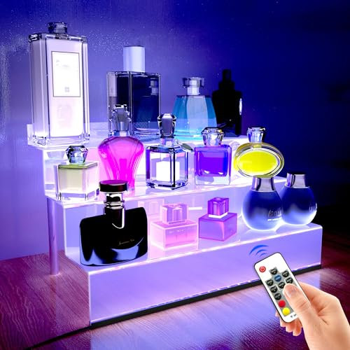 12 IN Clear Acrylic Display Riser Shelf with LED light,3 Tier Display Step Shelves Holder, Perfume Cologne Organizer Holder,Pops Toys Figures, Clear Cupcake Riser, Dessert Shelf, Decoration on