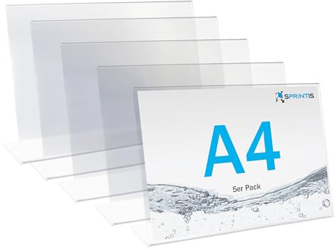 SPRINTIS Tischaufsteller A4 quer (5 Stück) - für Inhalt 29,7 x 21 cm, L-Aufsteller aus glasklarem Kunststoff für Hochzeit & Restaurant, Werbeaufsteller DIN A4 schräg, Menükartenhalter Querformat