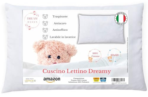 DREAM HAVEN Cuscino Lettino Bambino, Cuscino culla 40x60, Cuscino Asilo Traspirante Antiacaro, Cuscino Antisoffoco 100% Cotone Made in Italy