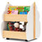 HOMASIS Kinder Bücherregal Spielzeugregal mit 2 Fächern, Holz Kinderregal Standregal mit 4 Rädern, niedliche Spielzeugkiste Aufbewahrung für Kinderzimmer, Spielzimmer & Kindergarten (Weiß+Natur)