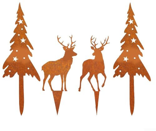 Dekorative Weihnachtsfiguren aus rostigem Metall, 4 Stück, inkl. Bäume und Hirsche für saisonale Freude (4 Stück)