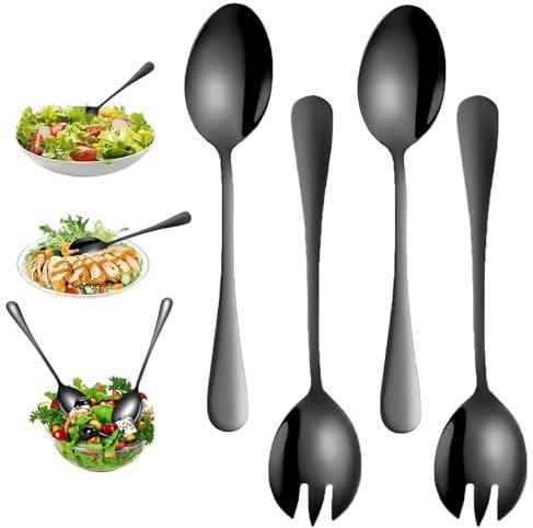 Guyode 4 Pièces Couverts de Table Poli Fourchettes Salade Acier Inoxydable Cuillères, Arrondi Couvert Inox Set Vaisselle Ustensiles de Cuisine Couverts de Table Noir Set de cuillère