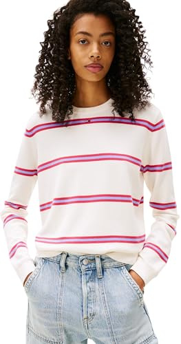 Tommy Jeans Damen Pullover Sweater, Weiß (Ancient White/Stripe), L