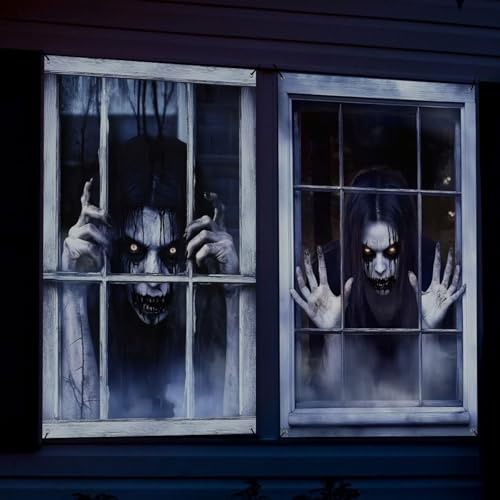 iksya 2 Pack Gruselige Halloween Geister Fensterdekorationen – Horror Oxford Fabric Fensterabdecker mit Schnüremen, 120x80cm – Indoor/Outdoor Gespenstergeschäft & Party-Dekoration(D)