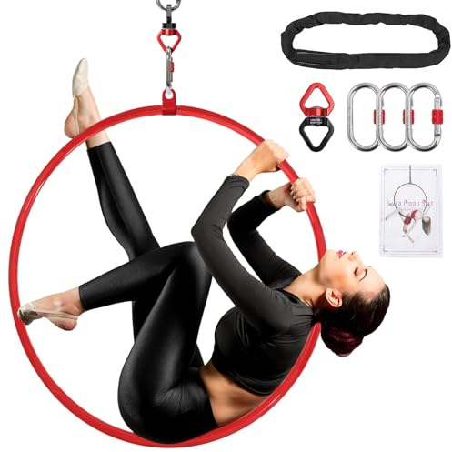 DASKING Aerial Hoop mit ZubehöR Aufbewahrungstasche - Hochwertig Rot 85/90 cm Lyra Hoop Aerial Yoga Set füR Tanz Kunst Yoga Zirkus Luftring Akrobatik, 2 Tonnen-Sicherheitssystem Aerial-Hoop | Professionelles Antennenring-Set, 2-Tonnen-Sicherheitssystem, glänzende Oberfläche, Klebeband nicht im Lieferumfang enthalten