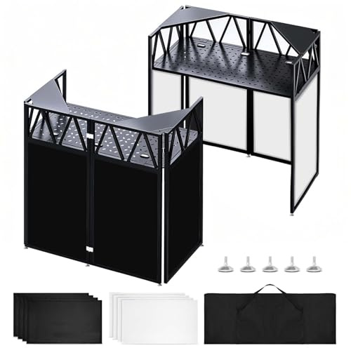 Portable DJ Booth Facade Stand, Foldable DJ Table 40 x 20 x 45 Tabletop, DJ Facade Station for DJ Controller, Mixer & LaptopEvents&Parties – Includes Carry Bag&Two Metal Corner Tables.