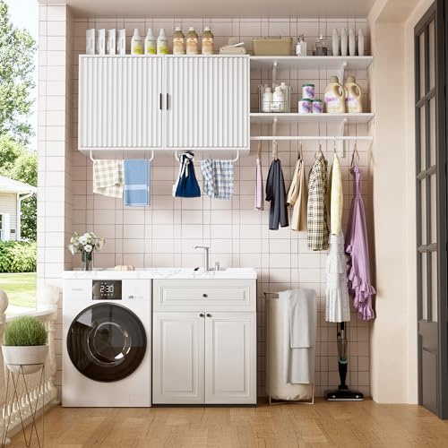 Wandschrank für Waschküche & Bad, Hängeschrank Weiß mit Kleiderstange und Handtuchhalter, Modernes Wandregal Set über Waschmaschine, Vielseitiger Badschrank mit Lamellen-Türen für Ordnungssystem 166cm