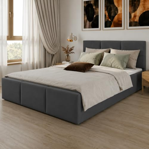 Home Collective Polsterbett, Bett mit Stauraum, Stauraumbett mit Lattenrost gepolstert mit Kopfteil Doppelbett mit Bettkasten | Gasdruckfedern & Metallrahmen, Samtpolsterung | 140×200 cm | Graphit