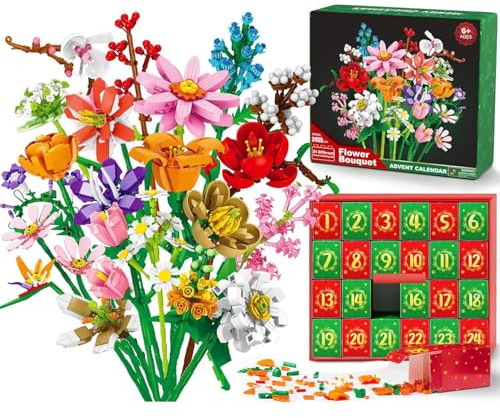 Waabose 2025 Adventskalender, 24 Tage Weihnachten Blumenstrauß Bauspielzeug, Weihnachten Countdown Kalender mit Blumenstrauß Künstliche Wildblumen Steine Geschenkset für Kinder Erwachsene Teens