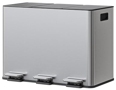 GarveeHome Mülleimer Küche, Mülleimer 3 fächer, Mülltrennsystem 3 x 15 Liter, Tretmülleimer mit Edelstahldeckel, Softclose-Deckel mit Inneneimer für Recycling und Restmüll, Edelstahlfarbe