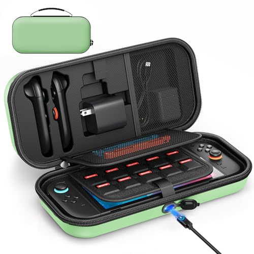 [Charge à l'intérieur] Étui pour Nintendo Switch 2/OLED/Original, Grand Étui Rigide pour Adaptateur et Joypad Rangement, Sac de Voyage pour Switch Console avec 22 Fentes pour Cartes de Jeu(Vert)