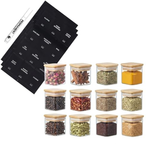 Eden & Willow 12 Pcs Glass Spice Jars with Bamboo Lids 150ml, Square Spice Containers with Black Labels, Stackable Clear Borosilicate Glass Jars for Herbs, Seasonings, Salt & Pantry Organisation
