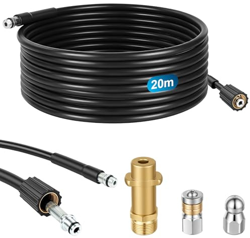NUTKIT 20M Kit Deboucheur Haute Pression, Tuyau de Nettoyage Haute Pression | Kit de Tuyau de Nettoyage De Canalisation avec 2 Buses et 1 Adaptateur,180Bar 60C°,Compatible avec Karcher K2/K3/K4/K5/K6/K7