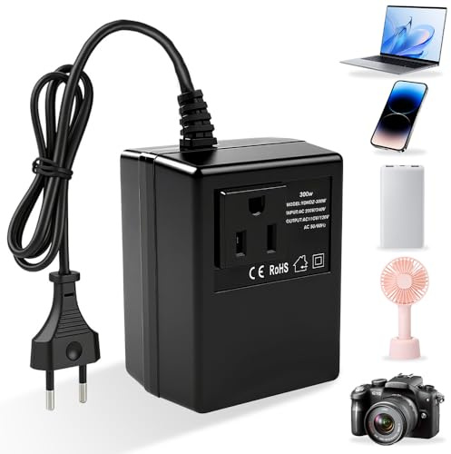 BIZOI Convertidor de Voltaje 220V a 110V 300W Transformador Adaptador Reductor de Voltaje Adaptador Corriente de Viaje para Dispositivos Electrónicos, Ordenadores, Purificadores de Aire, Enchufe UE
