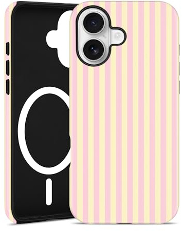 Jusy Magnetische Gestreifte Hülle für iPhone 14 Pro, Rosa und Gelb | Aesthetic Striped Sommer Muster Handyhülle, Kompatibel mit MagSafe, Zweischichtige Stoßdämpfend