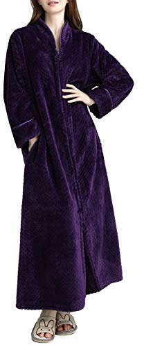 Kinloy Peignoir de bain long en polaire gaufrée avec fermeture éclair pour femme, violet, XL
