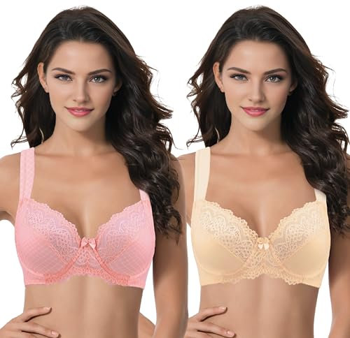 Curve Muse - Soutien-Gorge Grande Taille Balconnet avec Armatures avec Bretelles Matelassées et Dentelle - Pack de 2-Imprimé Rose, Chair-90F