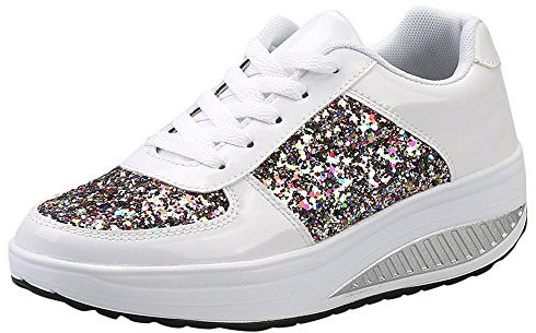 Damen Sneaker Glitzer Pailletten Lack Elegant Schnürung Schuhe Frauen Dicker Sportschuhe（Weiss，38）