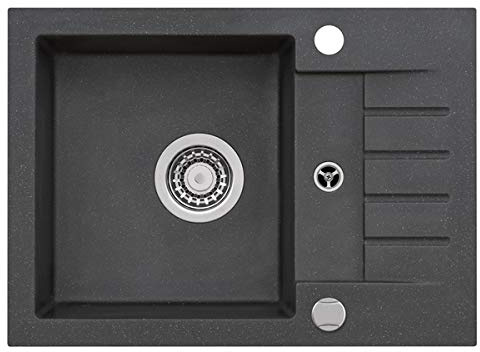 VBChome Spüle Schwarz 58 x 42 cm Granit Einzelbecken Einbauspüle gesprenkelt reversibel Verbundspüle + Siphon Waschbecken
