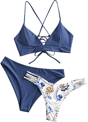 ZAFUL Damen Bikini-Set 3 Pieces mit Blumenmuster gepolstegrte Push-Up BH mit Flechtgurt Cami Triangel Cheeky Badeanzug Bademode (3-Pfauenblau,L)