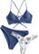 ZAFUL Damen Bikini-Set 3 Pieces mit Blumenmuster gepolstegrte Push-Up BH mit Flechtgurt Cami Triangel Cheeky Badeanzug Bademode (3-Pfauenblau,L)