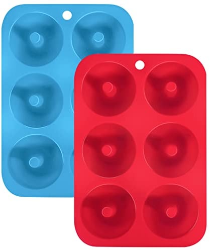 Silicone Donut Molds, 6 Cavity Non-Stick Silicone Donut Baking Tray for Baking Donuts, Muffins, Bagels, Cookies, Cakes, Blue, Red, Pack of 2
