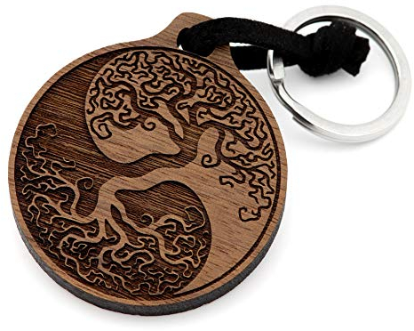 NaturSchatulle Schlüsselanhänger aus Holz mit Gravur Yin und Yang Lebensbaum Nussbaumholz mit Edelstahl Schlüsselring Band Schlüsselbund Geschenkidee